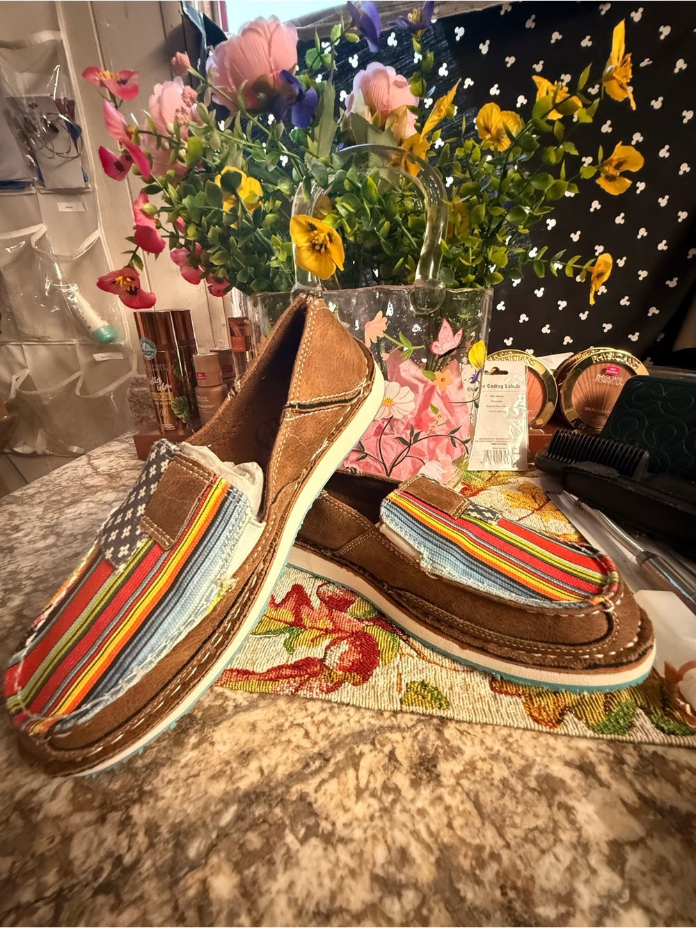 Ladies Casual Slip-On Loafers in Brown with Multicolor Stripe Accent